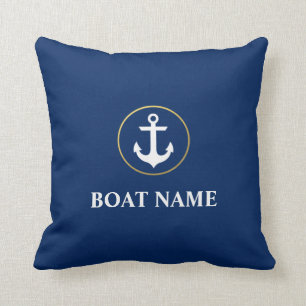 Coussin Or nautique de bleu d'Ancre de nom de bateau