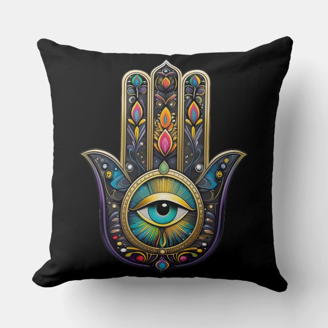 Coussin Or noir coloré Hamsa avec troisième œil turquoise (Recto)