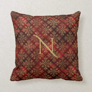 Coussin Or Rouge Bourgogne Monogramme Damask Élégant Chi