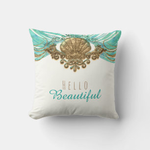 Coussin Or & Turquoise Coquillage Glam Plage Élégant Perso