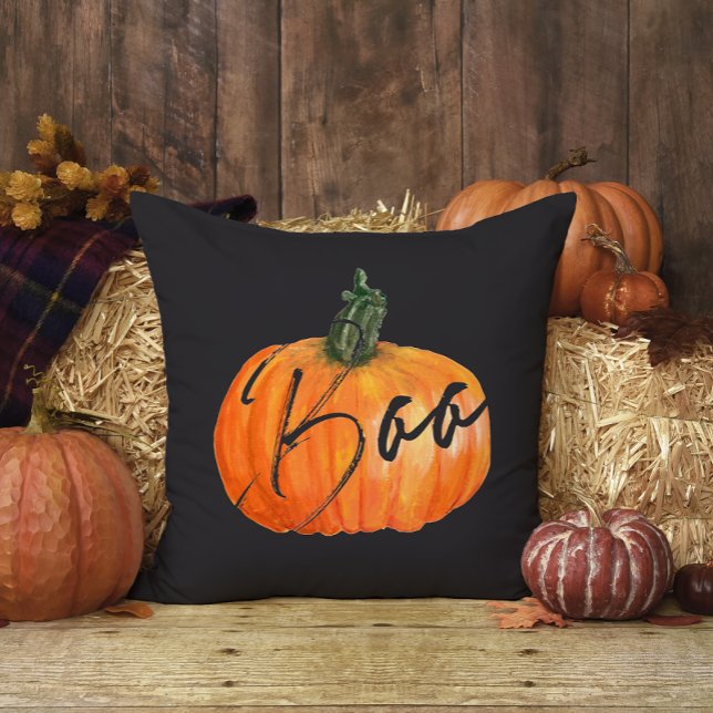Coussin Orange Aquarelle Boo Citrouille Crâne Halloween (Créateur téléchargé)