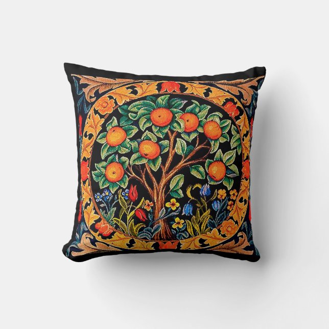 COUSSIN ORANGE ARBRE AVEC FEUILLES VERTS, FLEURS (Recto)