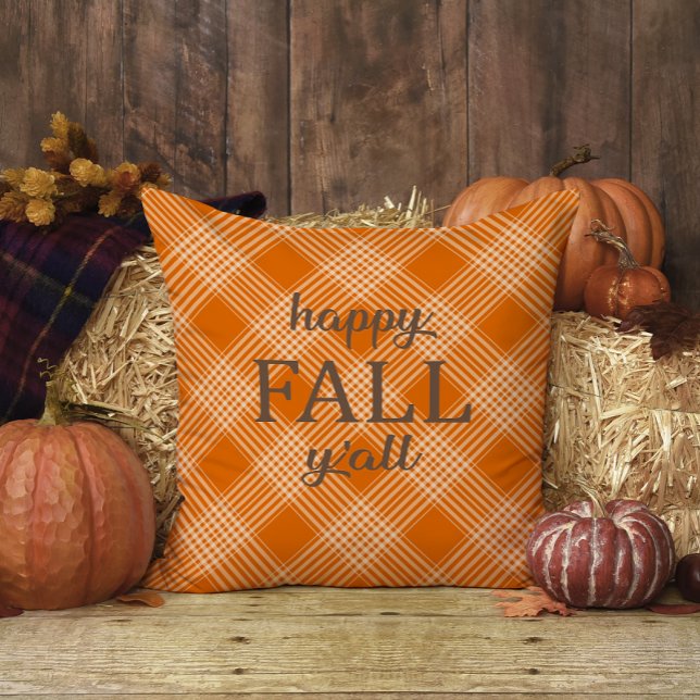 Coussin Orange et blanc En vichy Plaid Happy Fall Y'all (Créateur téléchargé)