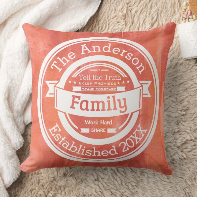 Coussin Orange Family Rules Nom Année d'établissement (Couverture)