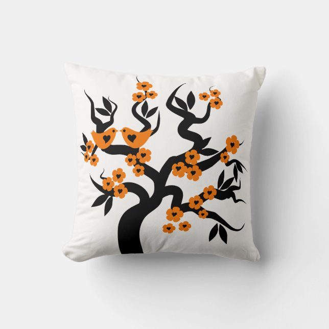 Coussin Orange fleurs Inséparables sakura cerisier (Recto)