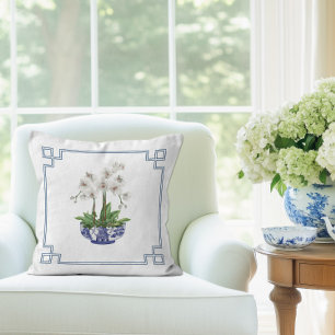 Coussin Orchidée blanche dans un bol en Chinoiserie bleu e