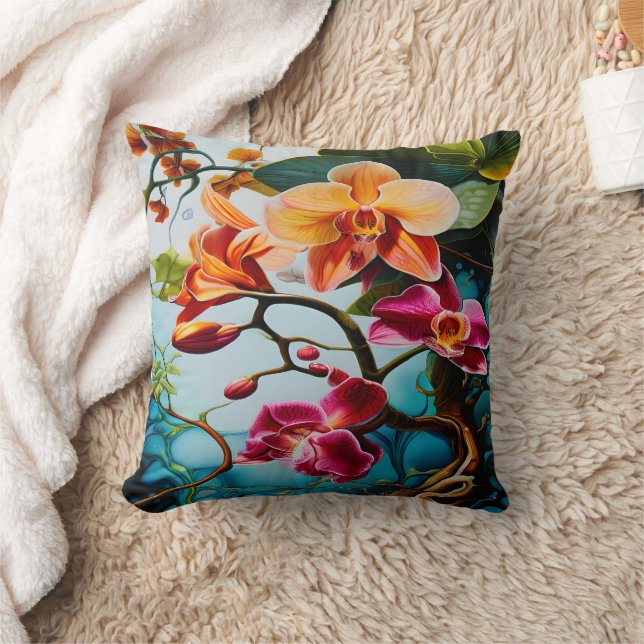 Coussin Orchidées vibrantes fleurissant dans le paradis tr (Couverture)