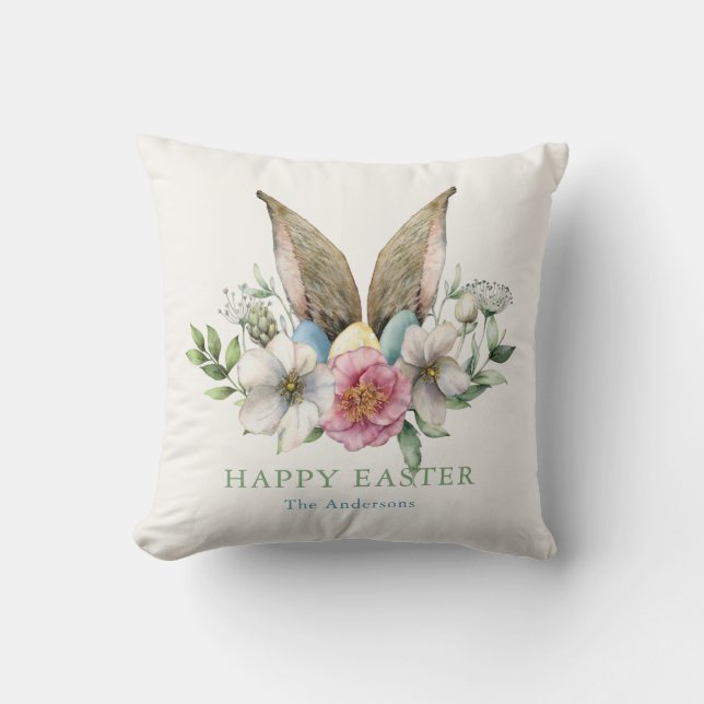 Coussin Oreilles et oeufs de lapin floral Pâques (Recto)