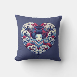 Coussin Oriental bleu violet abstrait Geisha vagues coeur
