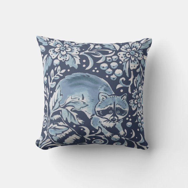 Coussin Ornat Bleu Blanc Forêt Raccoon Berries Bois (Recto)