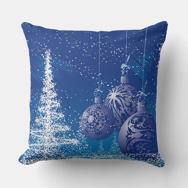 Coussin Ornement de Noël bleu et blanc et arbre de Noël (Recto)