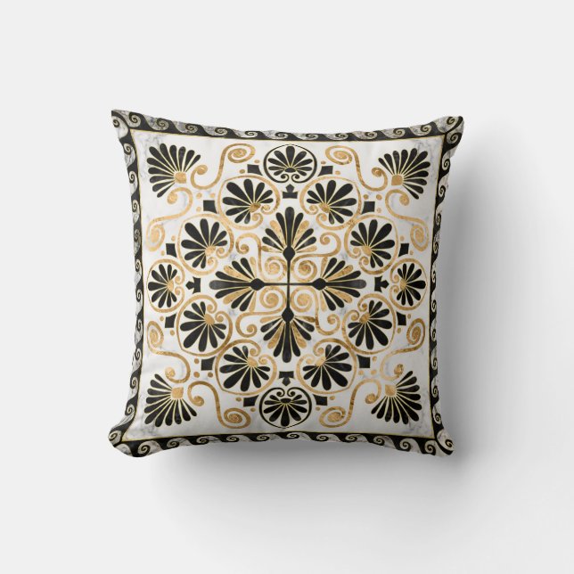 Coussin Ornement grec de luxe noir et Marbre blanc (Recto)