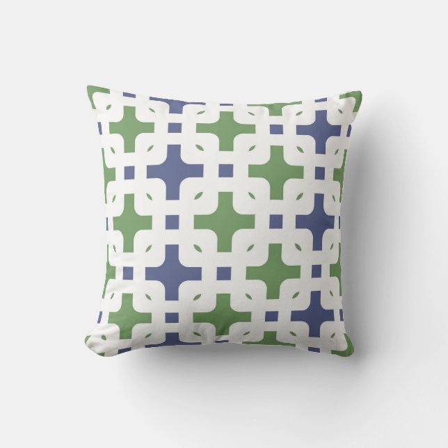 Coussin Ornement, moderne, blanc, vert olive, bleu marine (Recto)