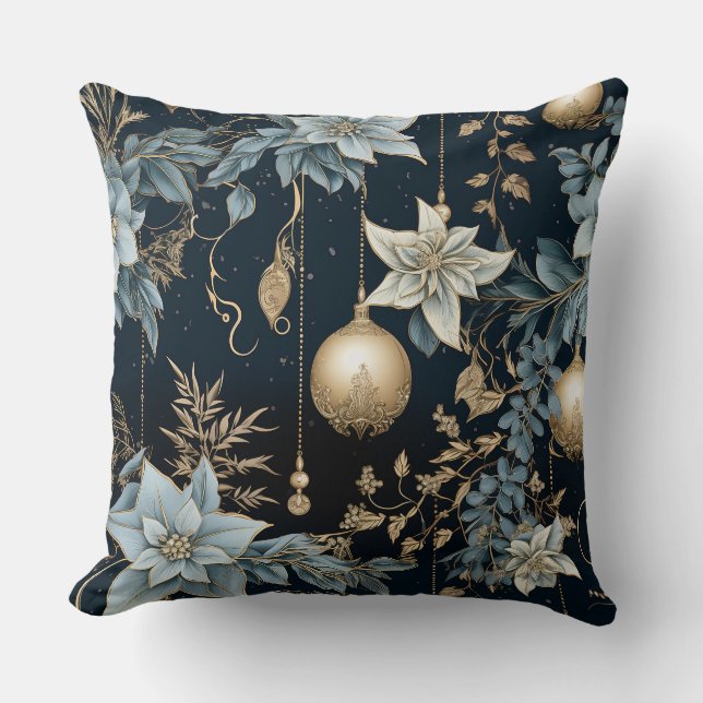 Coussin Ornements de Noël bleu et or Poinsettias (Recto)