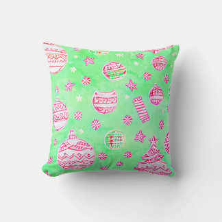 Coussin Ornements de Noël turquoise et rose, flocons de ne