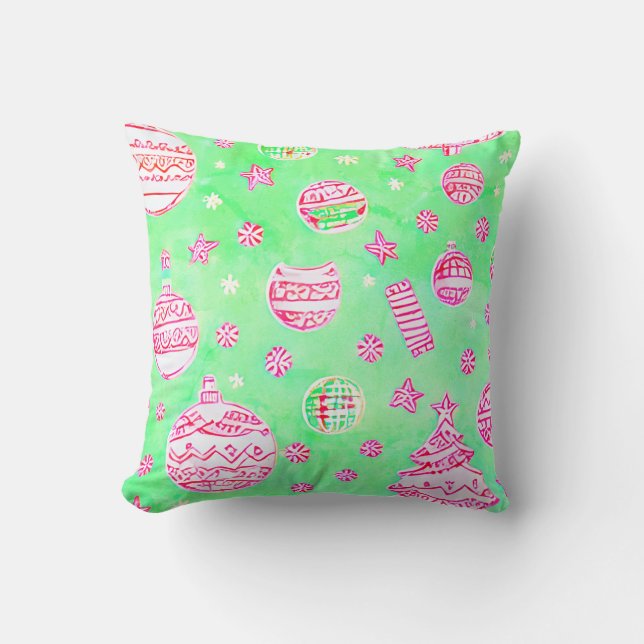 Coussin Ornements de Noël turquoise et rose, flocons de ne (Recto)