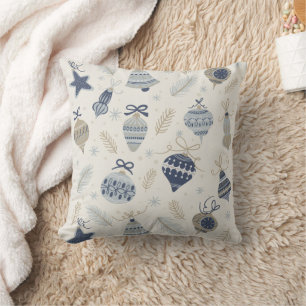 Coussin Ornements de Noël vintage aquarelle bleue et houx