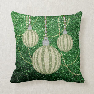 Coussin Ornements verts de boule de Noël de GlitterTexture