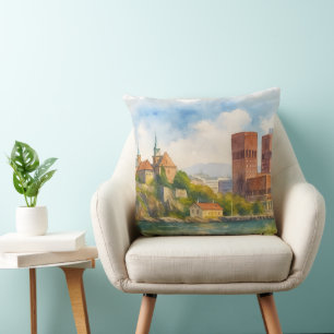 Coussin Oslo Norvège Aquarelle, Art de Paysage Urbain Scan