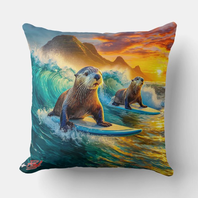 Coussin Otters Surfing 02 Design par Rich AMeN Gill (Recto)