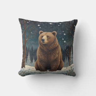 Coussin Ours brun rétro paysage d'hiver de minuit