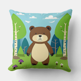 Coussin Ours de caricature mignon dans une scène de forêt 