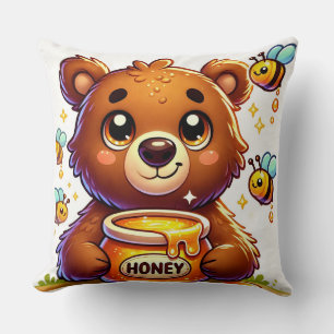 Coussin Ours de dessin animé adorable tenant un pot de mie