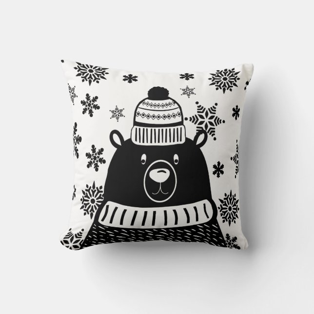 Coussin Ours d'hiver nordique et flocons de neige (Recto)