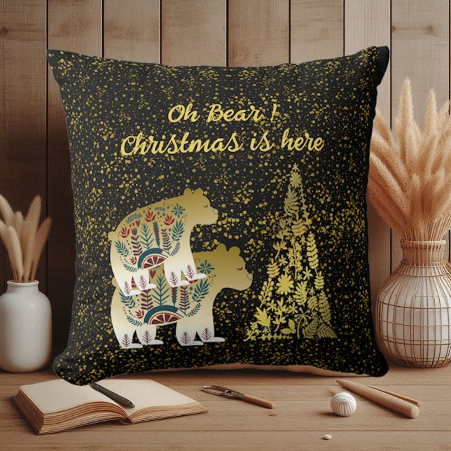 Coussin Ours d'or Joyeux sapin de Noël Décor nordique Bébé (Golden Bear Merry Christmas Tree Nordic Decor Baby Throw Pillow)