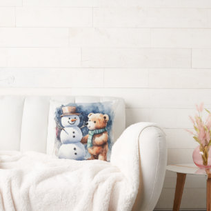 Coussin Ours En Conduite D'Hiver Et Snowman