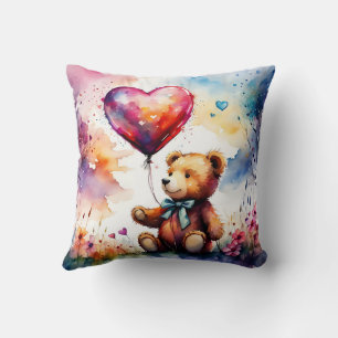 Coussin Ours en peluche avec ballons en forme de coeur