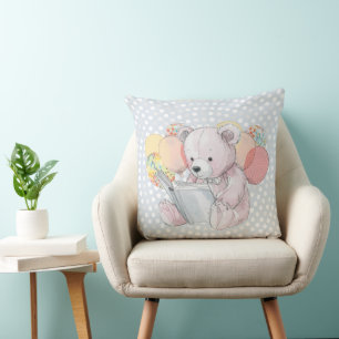Coussin Ours en peluche lisant un livre Bébé en fleurs
