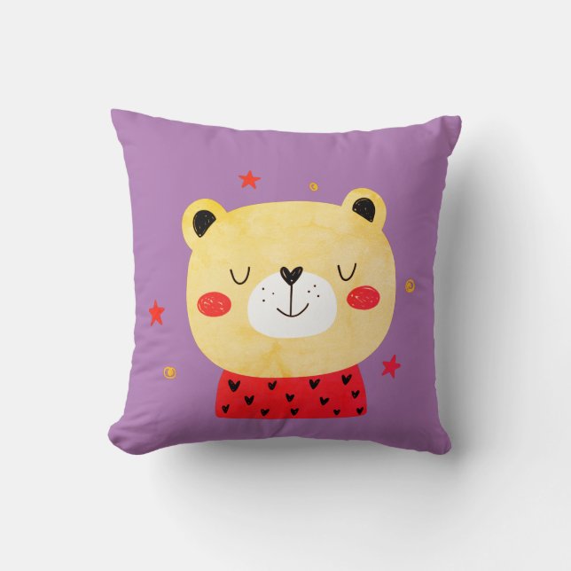 Coussin Ours en peluche rouge et violet clair (Recto)