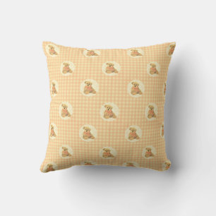 Coussin Ours en peluche vintage sur fond à carreaux pêche 