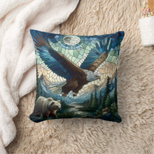Coussin Ours et aigle en mosaïque dans les montagnes
