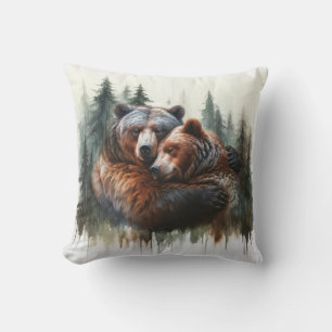Coussin Ours et arbres à l'aquarelle Rustique sauvage