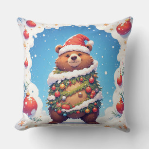 Coussin Ours heureux en chapeau de Père Noël