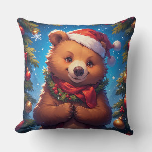 Coussin Ours heureux en chapeau de Père Noël 