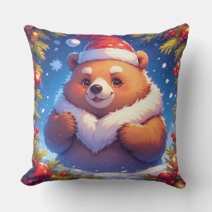 Coussin Ours heureux en chapeau de Père Noël