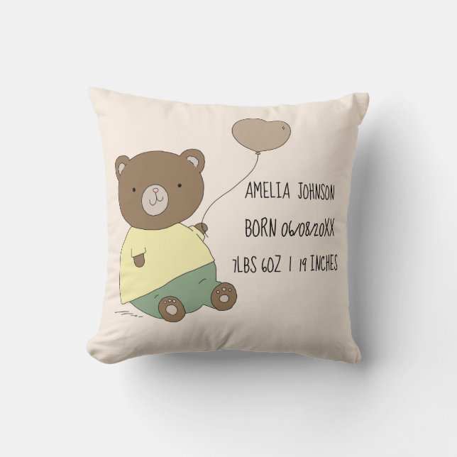 Coussin Ours mignon avec ballons Bébé statistiques de nais (Recto)