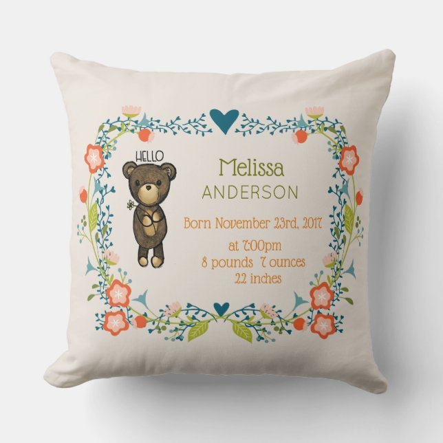Coussin Ours mignon, Fleur Jaune et Fleur Florale (Recto)