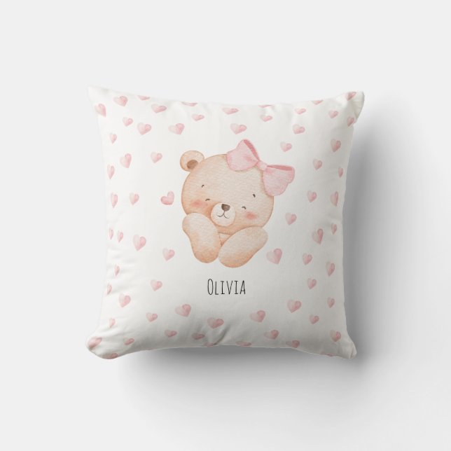 Coussin Ours mignon personnalisé avec des cœurs roses (Recto)