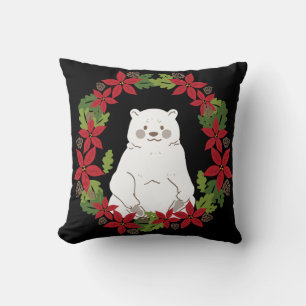 Coussin Ours polaire blanc en fleurs rouges vert couronne
