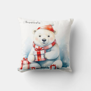 Coussin Ours polaire blanc mignon aquarelle Noël