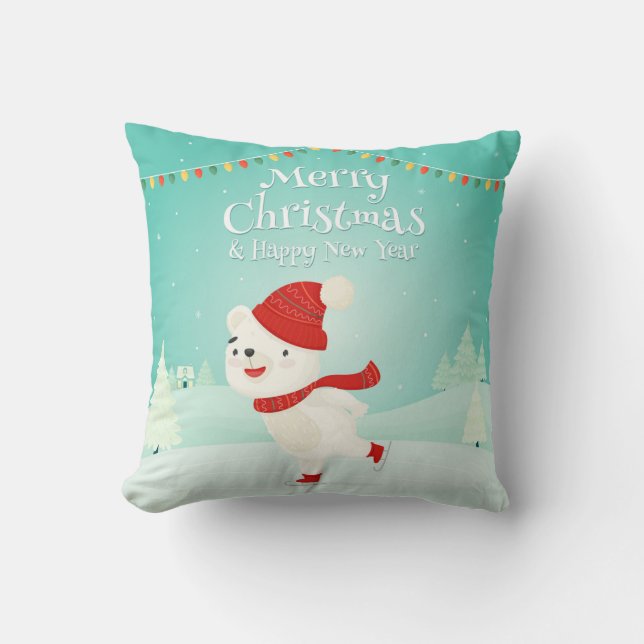 Coussin Ours polaire de Noël mignon avec lumières festives (Recto)