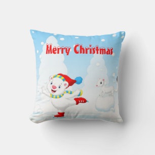Coussin Ours polaire de Noël souriant faisant du patinage