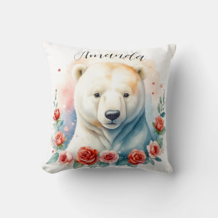 Coussin Ours polaire floral aquarelle blanc