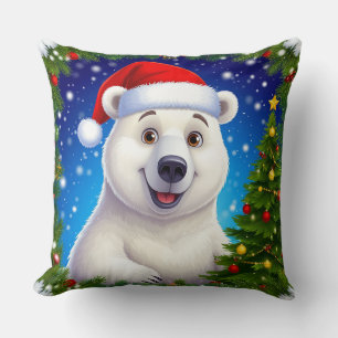 Coussin Ours polaire heureux en chapeau de Père Noël