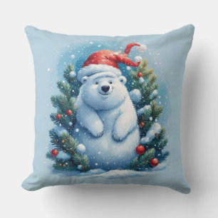 Coussin Ours polaire heureux en chapeau de Père Noël