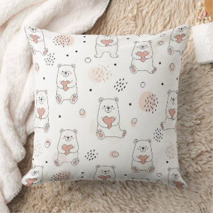 Coussin Ourson Mignon Tenant un Cœur -- Nurserie Pastel (7